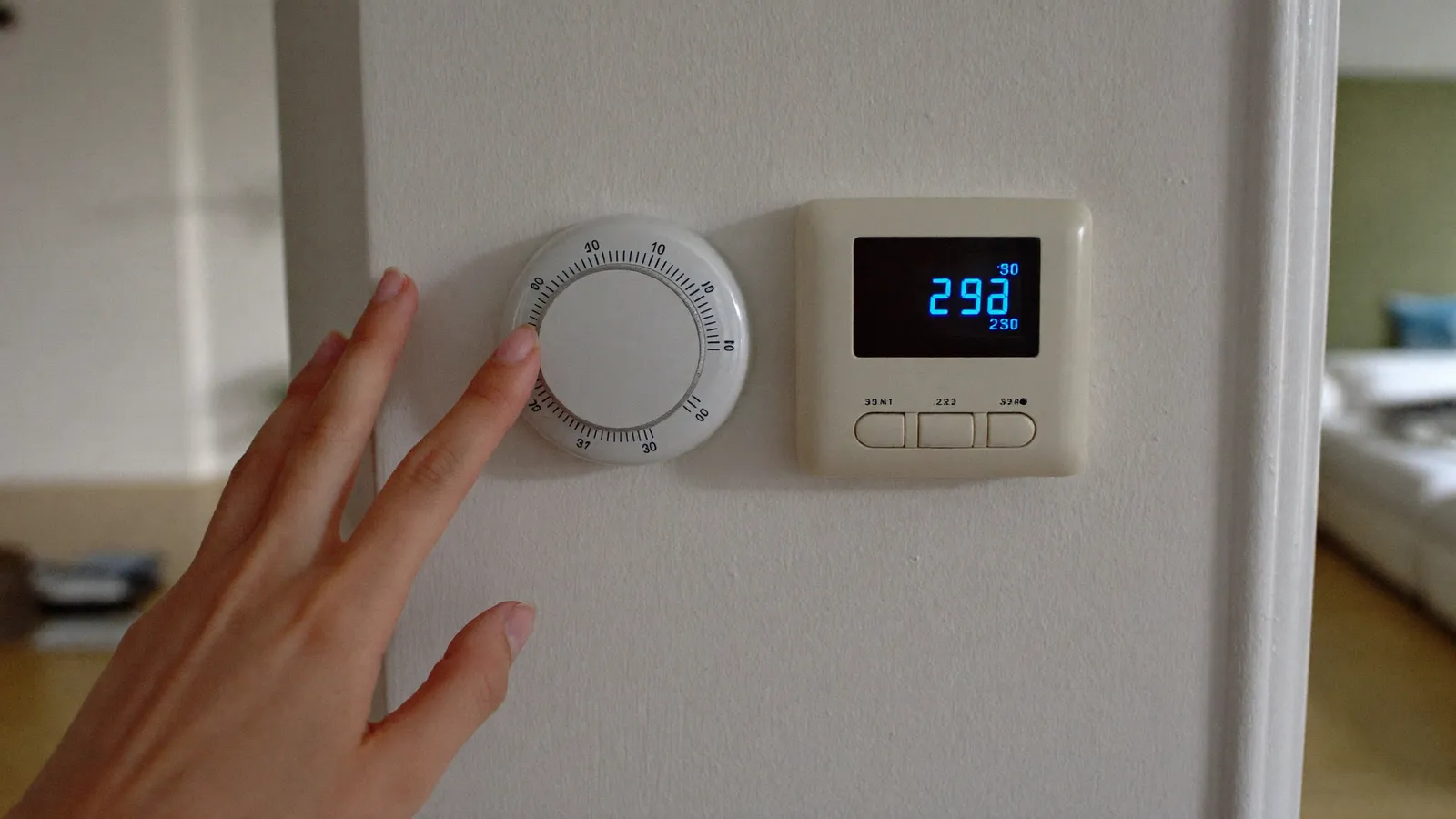 Main réglant un thermostat mural moderne dans un logement